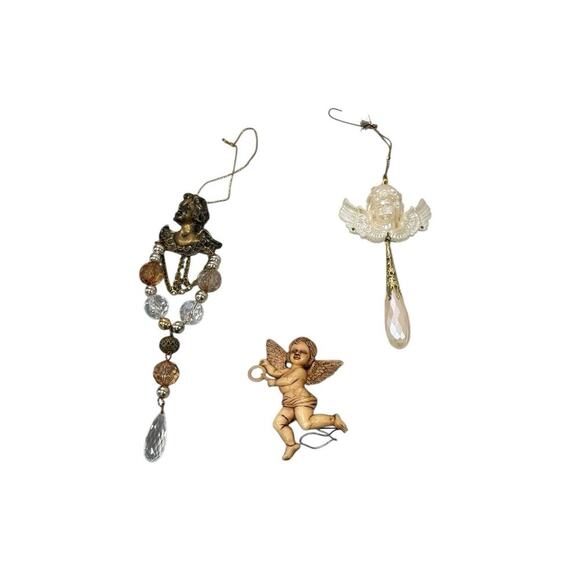 Lot Of 3 Cherub Christmas Holiday Ornaments Angels Beaded Gold Cream - Picture 1 of 6